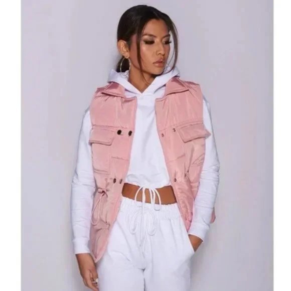 Pink Sleeveless Collared Double Breasted Padded Puffer Jacket Vest Gilet - Picture 10 of 16